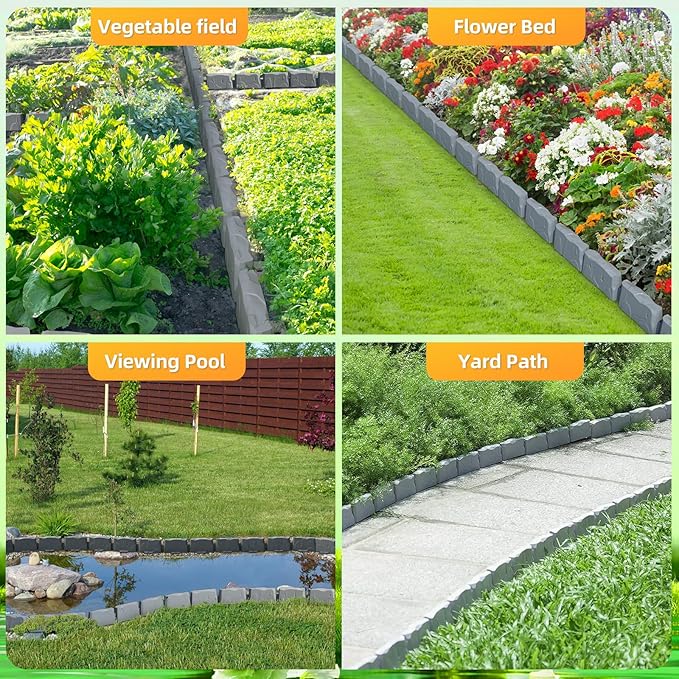 16Pcs Landscape Edging(24 Foot) with 48 Pieces 8-inch Spikes | 3 Inch Tall Faux Stone Edging for Landscaping | Faux Stone Edging Bricks for Flower Bed,Lawn,Yard,Weed Barrier(Dark Grey)