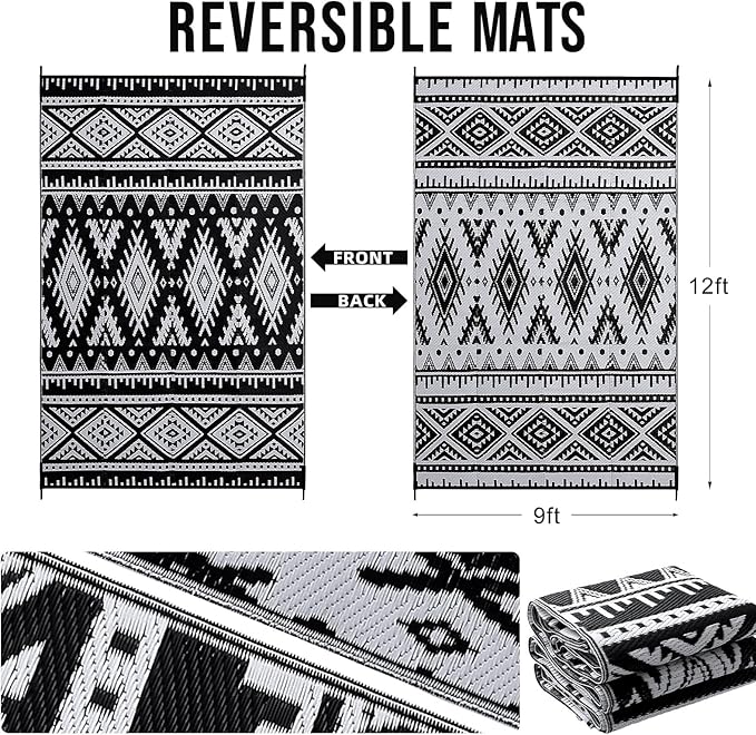 OLANLY Outdoor Rug Waterproof 9x12 ft, Reversible Outdoor Plastic Straw Rug, Boho Patio Rug, Indoor Outdoor Carpet, RV Mat Outside for Patio, Camp, Picnic, Balcony, Deck, Backyard, Black & White