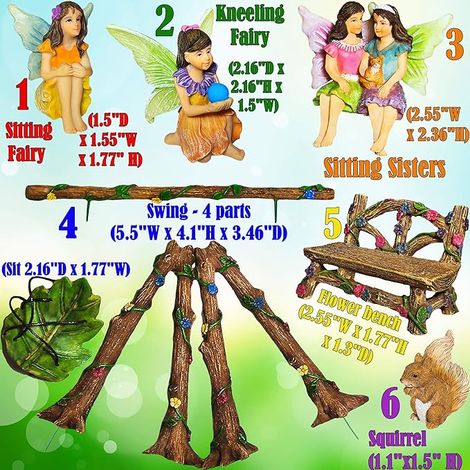 Mood Lab Fairy Garden - Accessories Kit with Miniature Figurines - Swing Set of 6 pcs - for Outdoor or House Decor