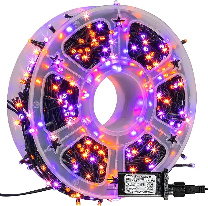FUNPENY 164FT 500 LED Halloween Lights, 8 Modes Waterproof Plug in String Lights for Halloween Indoor Outdoor Yard Party Wedding Garden Home Decorations (Purple & Orange)