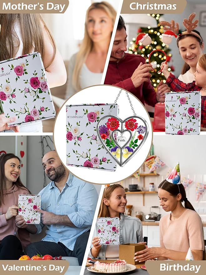 KY&BOSAM Heart Suncatcher Faith Stained Glass Hangings for Windows Sun Catchers Birthday Gifts for Women Real Flower Glass & Metal Maker for Christmas Tree Wedding Party Patio Home Garden Decor