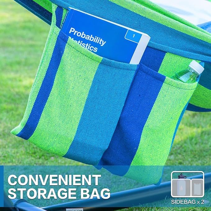 PNAEUT Double Hammocks with Stand for Outside, Portable Space Saving Heavy-Duty Steel Stand for Indoor Outdoor Patio with Carrying Bag, 450 lbs Capacity (Blue)