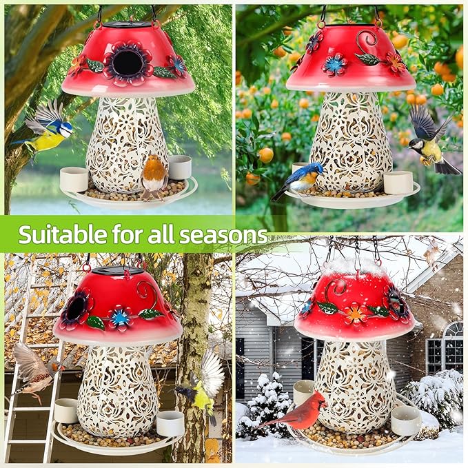 Mushroom Solar Bird Feeders for Outdoors Hanging Metal Wild Bird Feeder Garden Lantern with S Hook for Garden Decoration red