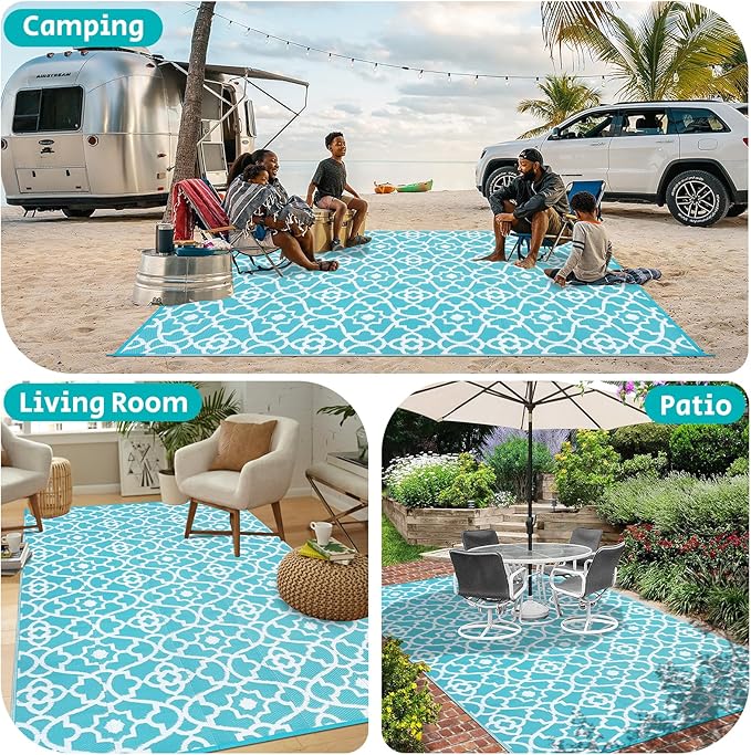 HEBE Outdoor Rug Waterproof 8x10, Plastic Straw Rug Camping Rug, Reversible Outdoor Patio Rugs RV Mat Clearance, Indoor Outside Floor Carpet for Porch,Deck,Camper,Balcony,Backyard