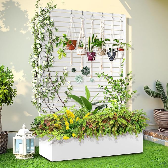 Trellis for Climbing Plants Outdoor，Mental Garden Bed with Drainage Holes Outdoor Privacy Screen Design Tall planters for herb Flower Vegetables 73"x47"x16", White-Louvered