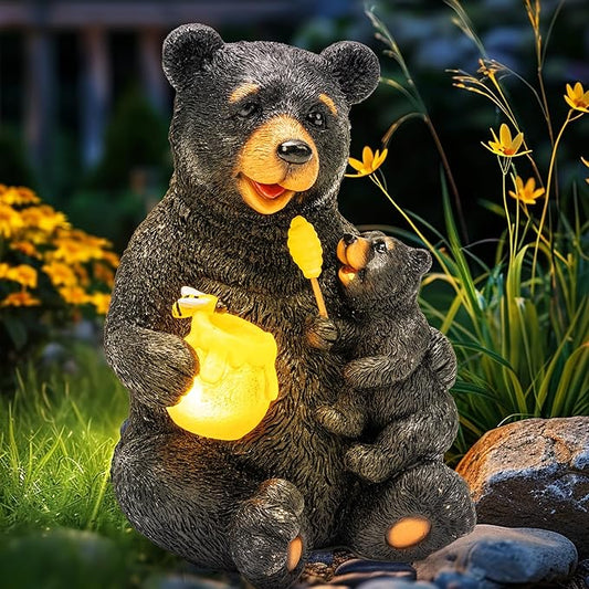 GIGALUMI Solar Garden Statues Loving Bear Figurine Lights for Outside, Yard Decorations Outdoor, Garden Decor Unique Birthday Housewarming Gifts for Mom, Women, Black