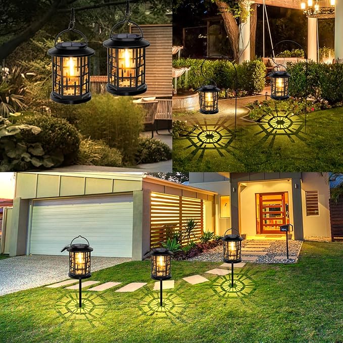 Outdoor Solar Lanterns, Solar Powered Lanterns Lighting LED Lantern Bulb Decorative for Patio Porch Fence Garden Lawn, 4 Pack