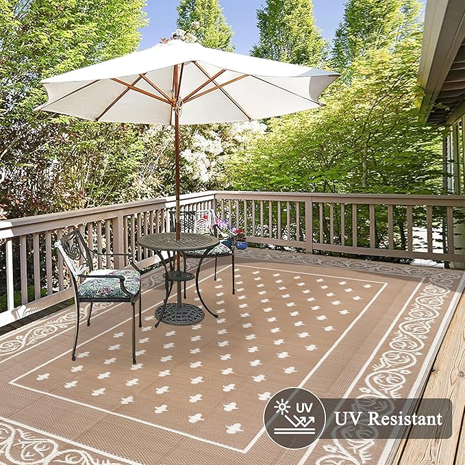 Pauwer Waterproof Outdoor Rug 6x9, Reversible Plastic Straw Patio Camping Rug, Indoor Outdoor RV Mat Carpet for Deck, Camper, Porch, Balcony, Backyard, Picnic, Bordered Beige