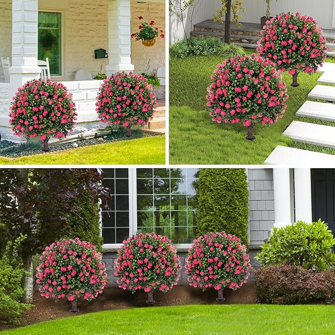 Artificial Pink camellia Topiary Ball Tree 25" with Ground Spike, Set of 2 Artificial Boxwood Bushes for Faux Shrubs, Fake Evergreen Faux Plant for Indoor Outdoor Garden -UV Resistant–Fade-Proof