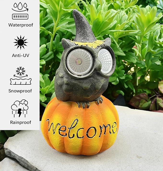 coolboy Pumpkin Owl Garden Statue,Waterproof LED Lights Outdoor Decor,Resin Owl Ornament,Pumpkin Lantern Indoor Figurines for Patio Garden Table Decor for Ourdoor Garden
