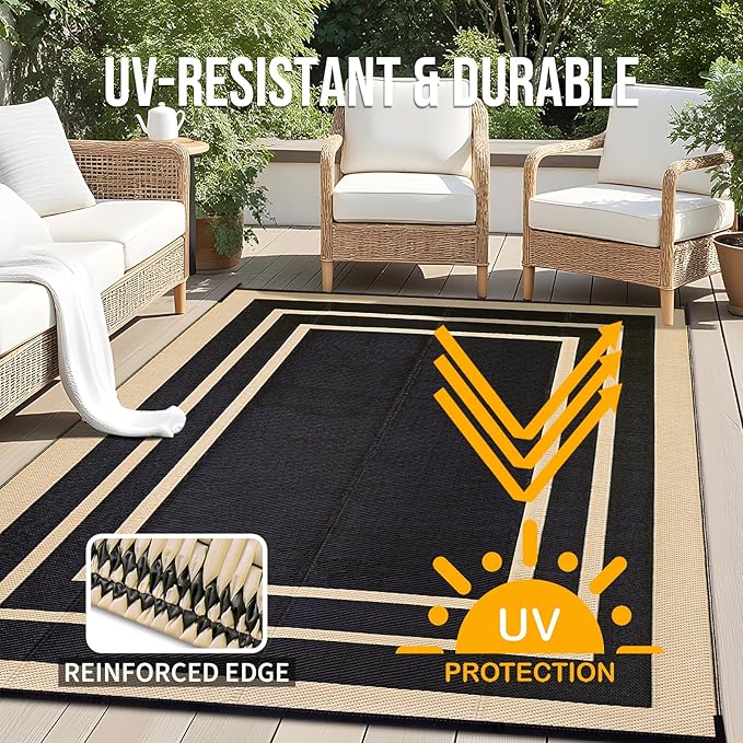 OLANLY Outdoor Rug 9x12 ft Waterproof, Reversible Outdoor Plastic Straw Rug, RV Mat, Indoor Outdoor Carpet Clearance for Patio, Camping, Balcony, Deck, Backyard, Black & Beige