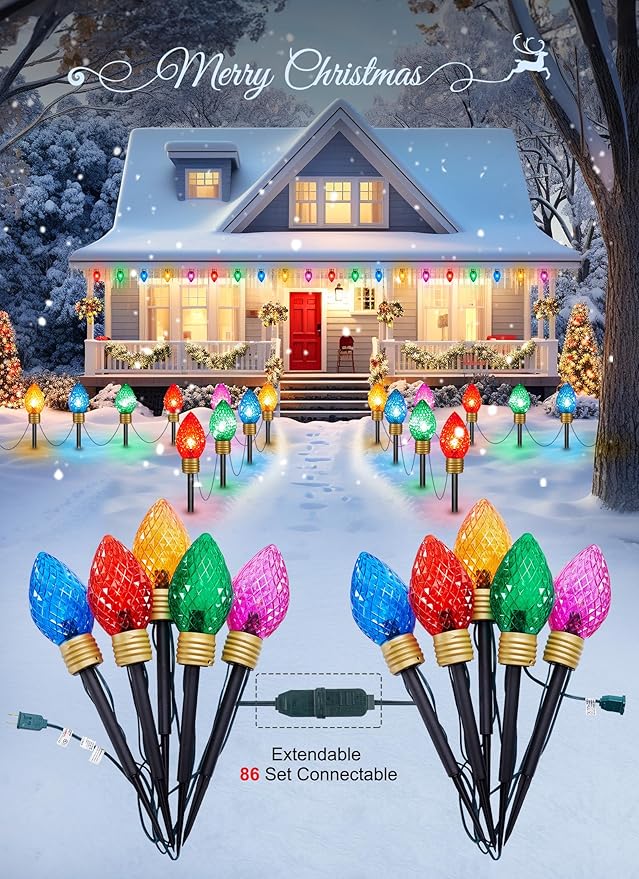 Strawberry Jumbo C9 Christmas Pathway Lights Outdoor - 8.5 Feet 5 LED Multicolor Light Bulb Decorations for Lawn Holiday Yard
