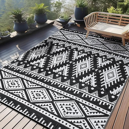 OLANLY Outdoor Rug Waterproof 9x12 ft, Reversible Outdoor Plastic Straw Rug, Boho Patio Rug, Indoor Outdoor Carpet, RV Mat Outside for Patio, Camp, Picnic, Balcony, Deck, Backyard, Black & White