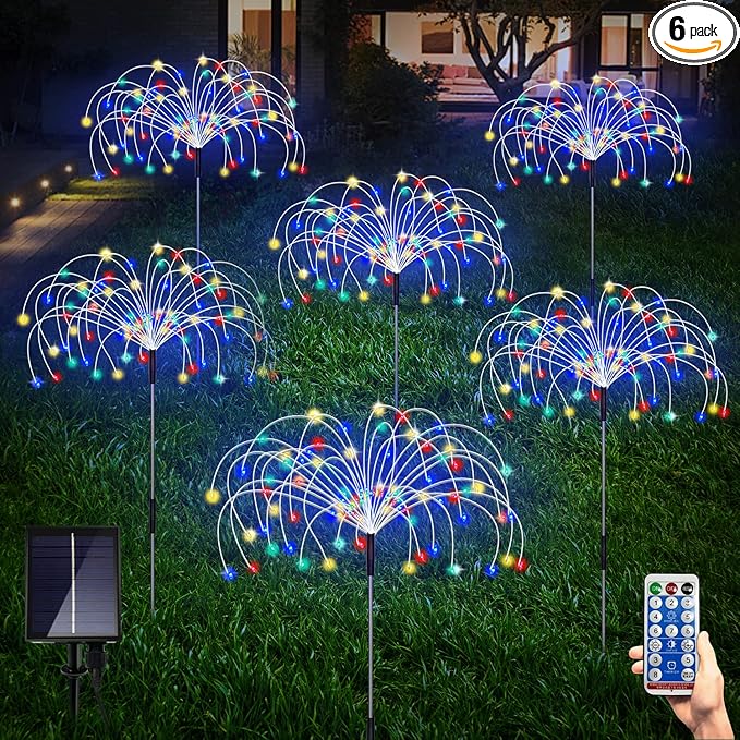 6 Pack Solar Garden Lights, Firework Lights, Decorative, 8 Lighting Modes with Remote 120 LED Twinkling Waterproof Landscape Outdoor Decor, for Pathway Backyard Walkway Patio(Colorful)