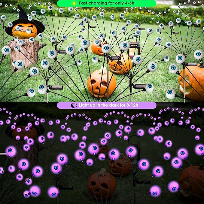 Solar Halloween Lights - 2 Pack 20LED Outdoor Waterproof Scary Eyeball Swaying Firefly Lights for Yard Garden Patio Party Decor Purple