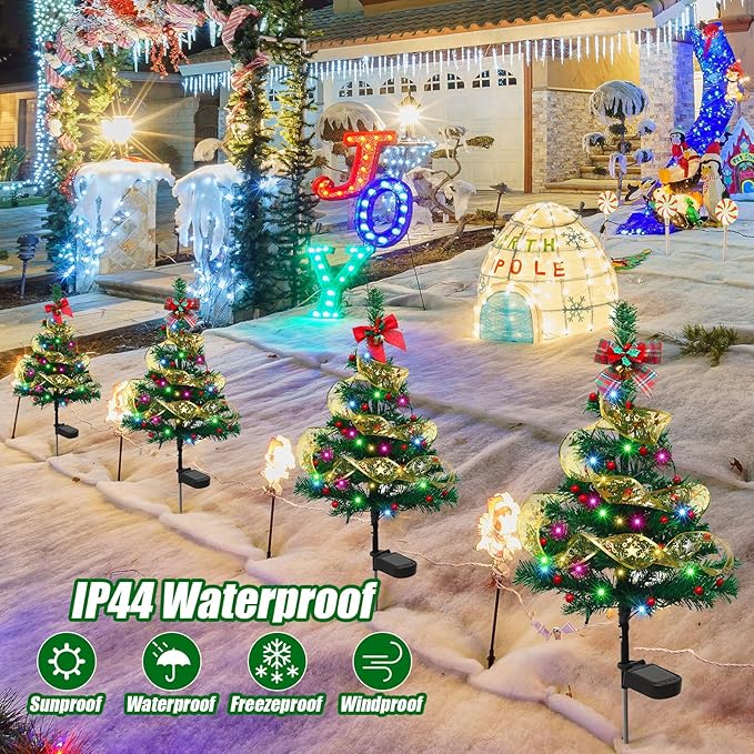 Libima 4 Pcs Solar Christmas Tree Garden Stake Lights Solar Outdoor 30 Inch Waterproof 80 LED Landscape Lights with 4 Bows 100 Artificial Berries and Ribbon for Xmas Decor Party Yard Patio Pathway