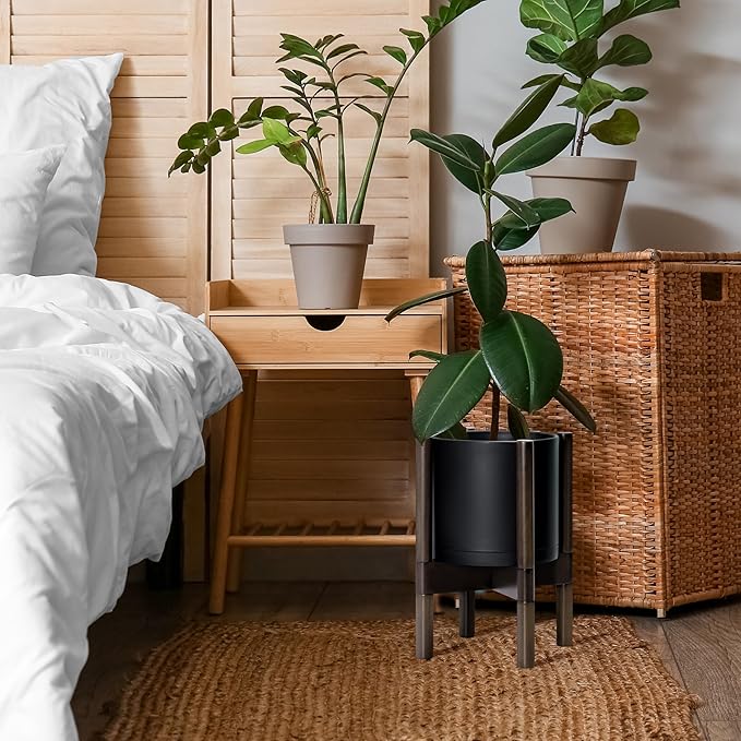 D'vine Dev Planter Pot with Stand - 8 Inch Plastic Cylinder Flower Pot with Wood Planter Holder for Indoor, Matte Black Pot + Walnut Color Stand, 55-C-I-2