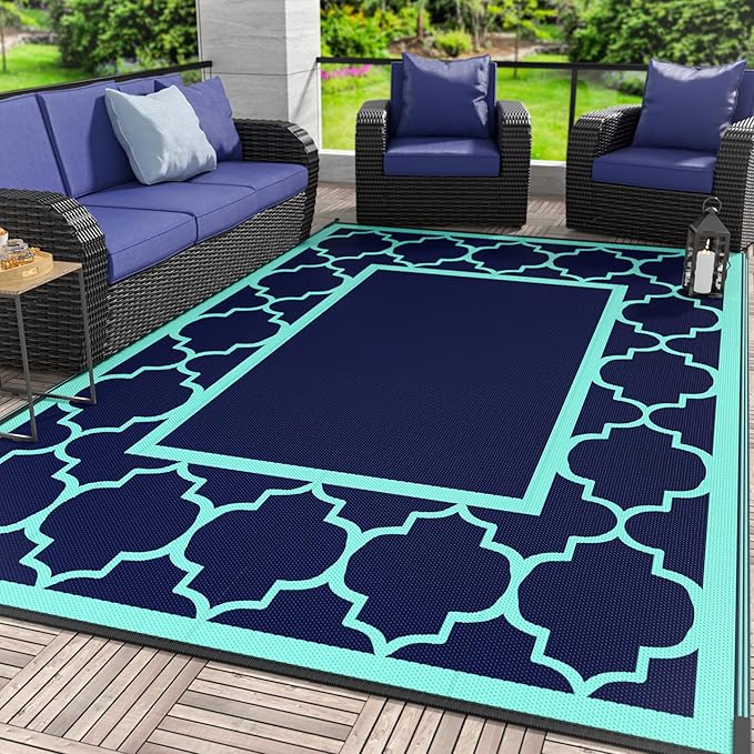 GENIMO 8 ' x 10 ' Outdoor Rug for Patio, Waterproof Indoor Outdoor Plastic Straw Rugs Carpet, Reversible Outside Area Mat for Camping, Balcony Porch, Deck, Picnic, Beach Navy Blue & Jade Green