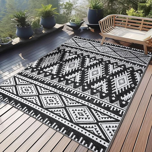 OLANLY Outdoor Rug Waterproof 4x6 ft, Reversible Outdoor Plastic Straw Rug, Boho Patio Rug, Indoor Outdoor Carpet, RV Mat Outside for Patio, Camp, Picnic, Balcony, Deck, Backyard, Black & White