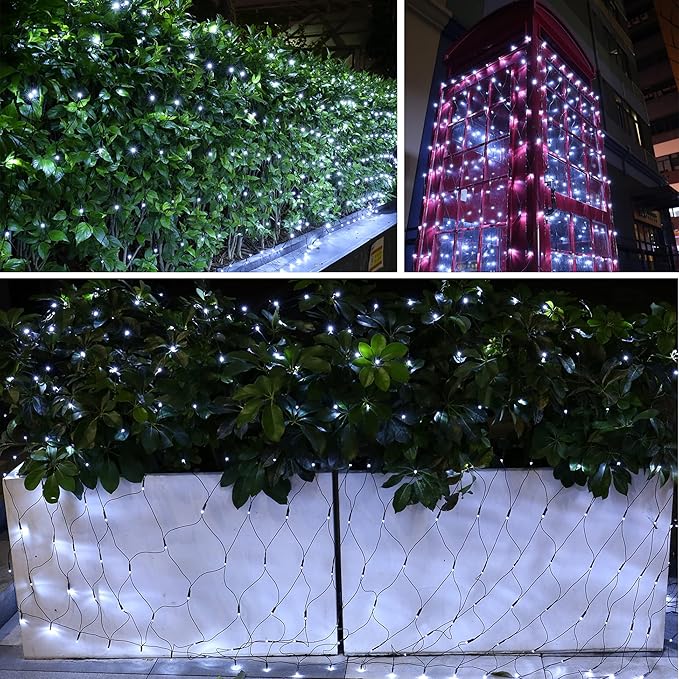 Lomotech 12ft x 5ft 360 LED Christmas Net Lights, 8 Modes Waterproof With Timer Low Voltage Connectable Mesh Lights for Trees, Bushes, Shurb, Garden, Outdoor Decoration(Green Wire, White)