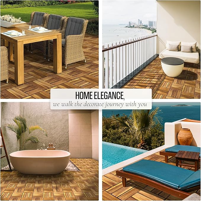 Pack of 10 Deck Tiles - 12"x12" Interlocking Natural Solid Acacia Wood for Outdoor & Indoor, Patio Garden, Balcony, Poolside - Golden Teak Color
