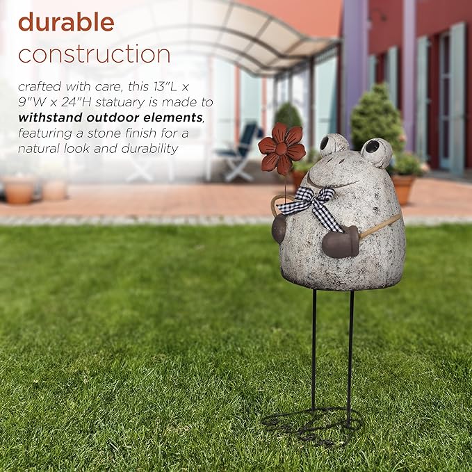 Alpine Corporation MCC860 Indoor/Outdoor Frog with Flower Garden Statue, Stone Finish Frog Statue for Yard, 24" H, Silver