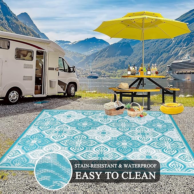 Pauwer Waterproof Outdoor Rug 9x12, Reversible Plastic Straw Patio Camping Rug, Indoor Outdoor RV Mat Carpet for Deck, Camper, Porch, Balcony, Backyard, Picnic, Clover Teal