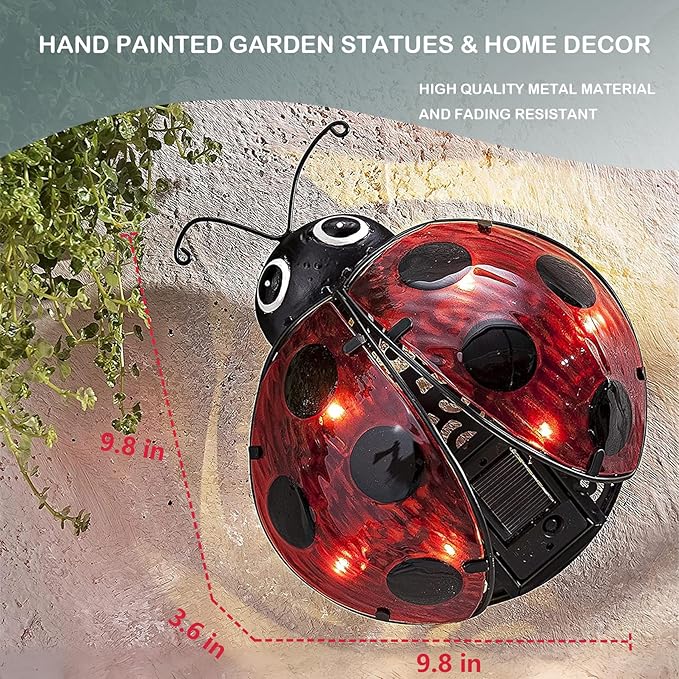 Elenon Ladybug Decor Solar Lights, Metal Ladybugs Outdoor Decorative Yard Art Garden Sculptures & Statues for Patio Yard Pathway
