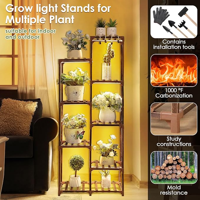 Plant Stand with Grow Lights Indoor, 9 Tiers Shape Plant Shelf with Light Full Spectrum Led Grow Light, Timer Function and Brightness Adjustment, Wood Plant Stand Indoor for Corner Living Room