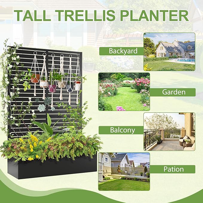 Trellis for Climbing Plants Outdoor，Mental Garden Bed with Drainage Holes Outdoor Privacy Screen Design Tall planters for herb Flower Vegetables 73"x47"x16", Black-Louvered