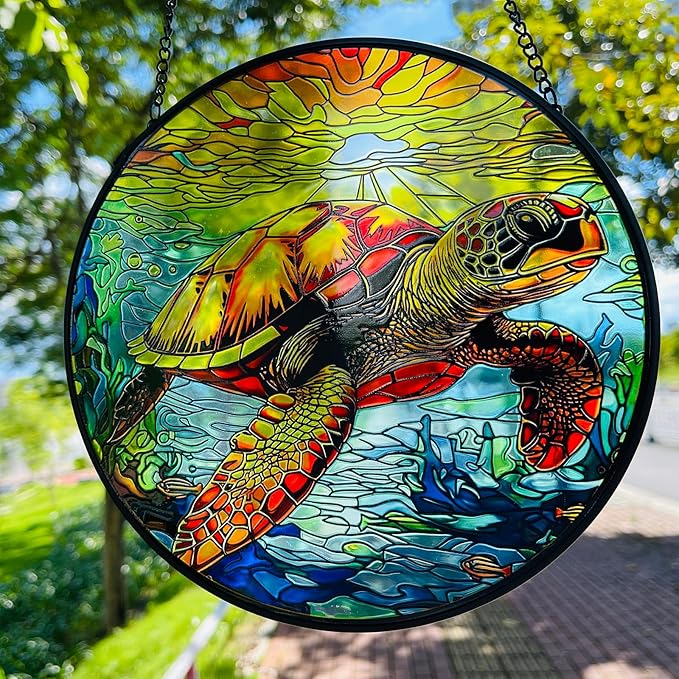 RIVEENY Sea Turtle Glass Window Hanging,8" Sea Turtle Decor Sun Catchers,Stained Glass Sun Catcher Hanging Decoration with Metal Chain,Sun Catchers for Window Decor Outdoor Garden Decor