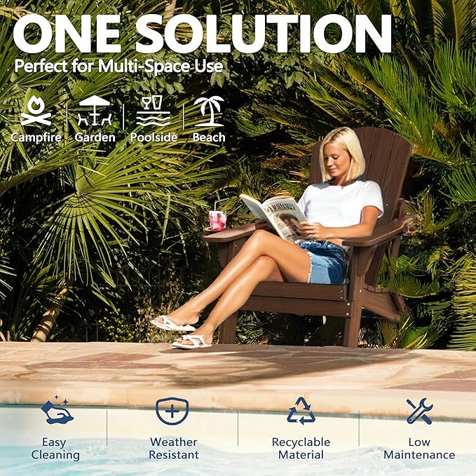 Folding Adirondack Chair Set of 4 with Cup Holder, HDPE All Weather Resistant Plastic Outdoor Patio Chairs, Heavy Duty Fire Pit Seating for Backyard Lawn Garden, Wooden Textured Design(Coffee)