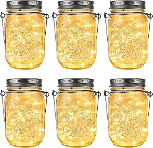 GIGALUMI Hanging Mason Jar Solar Lights, 6 Pack 30 Led Tinplate Lids Hanging Solar Lanterns Outdoor Waterproof, Hangers and Jars Included, Outdoor Decor for Balcony, Garden, Patio, Yard, Wedding