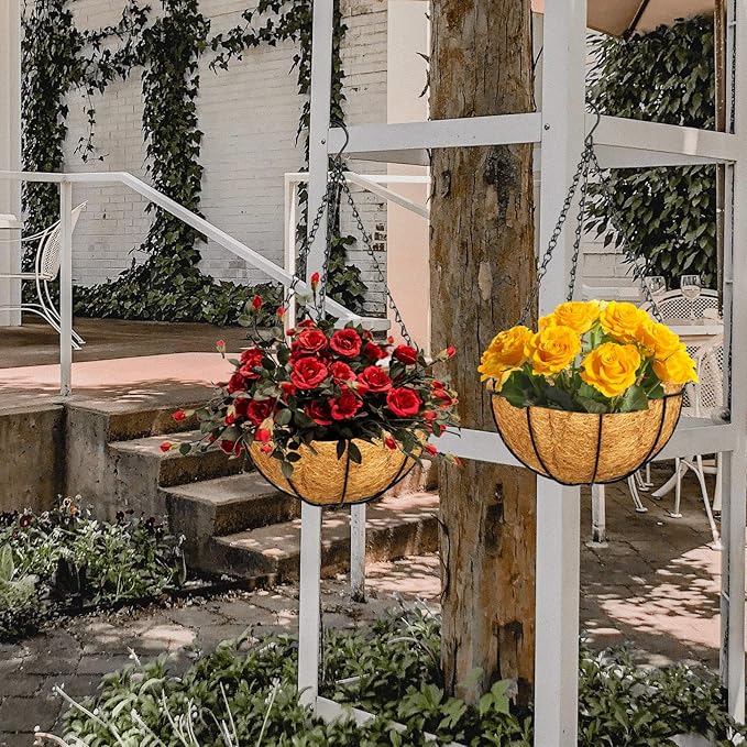 ZeeDix 3 Pack 10 Inch Metal Round Hanging Planter Basket with Coconut Liners Replacement, Hanging planters Baskets with Natural Coco Liner for Outdoor Indoor Planters Flowers Vegetables