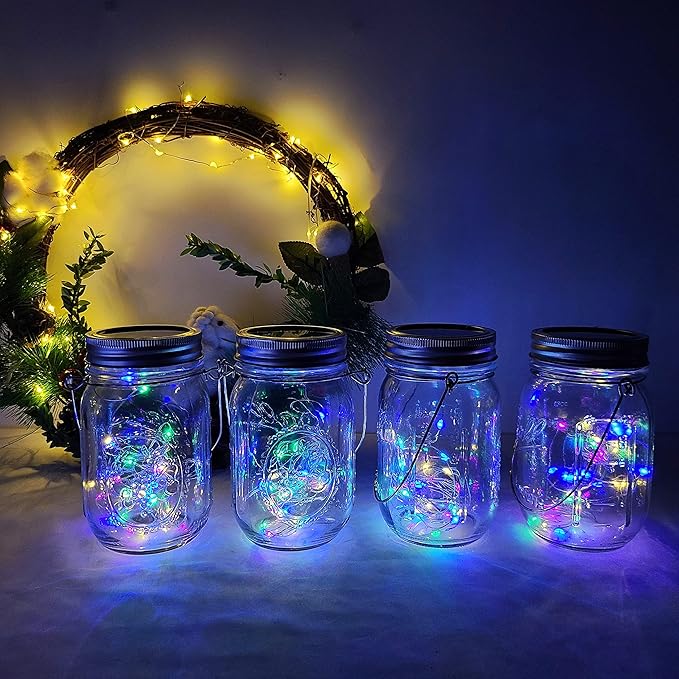 Decorman Solar Mason Jar Lights, 4 Pack 30 LED Fairy Star Firefly String Lids Lights with 4 Hangers for Patio Yard Garden Party Wedding Christmas Decoration(Jars Not Included) (4 Pack, Colorful)