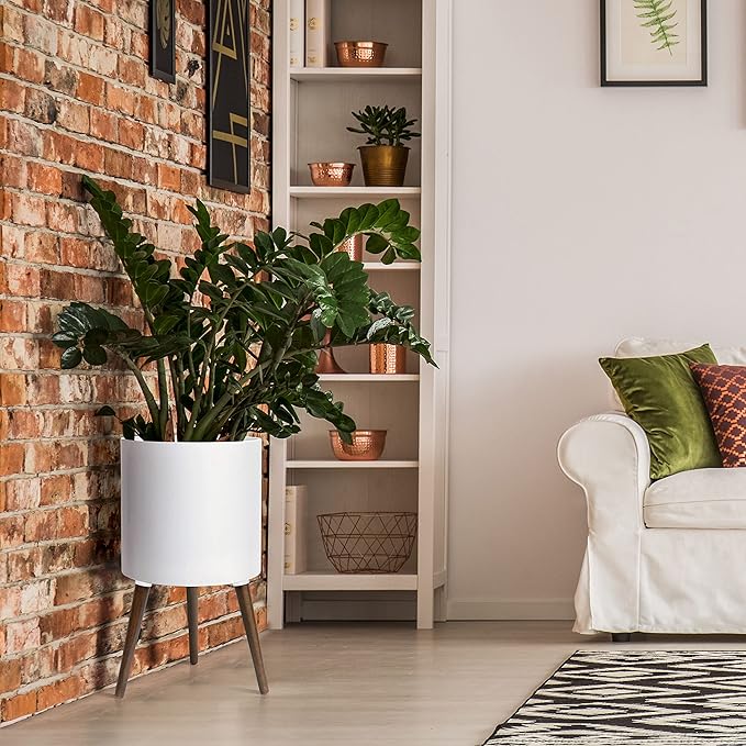 D'vine Dev 14 Inch Planter Pot with Stand, Mid-Century Tall Plant Pot with Legs for Indoor Plants, X-Large, White, 88-O-D-1