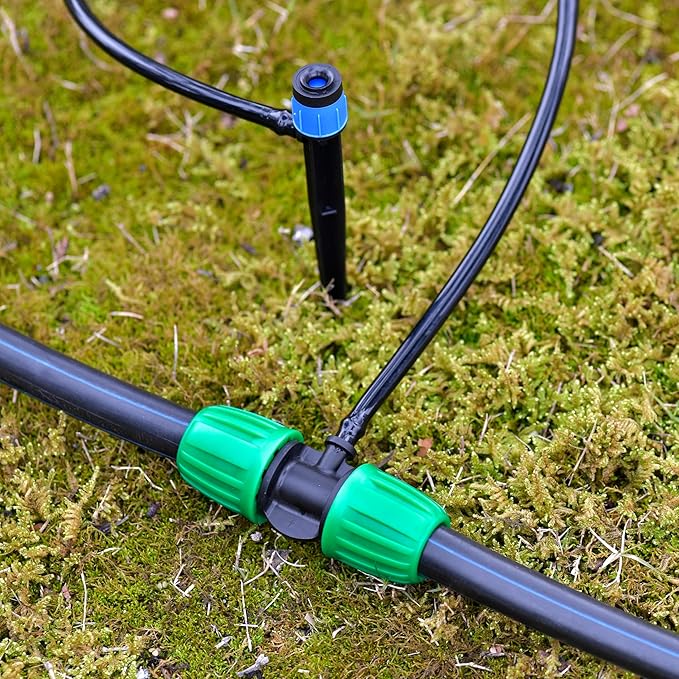 1/2 Inch to 1/4 Inch Drip Irrigation Tubing Fittings, Locking Caps Barbed Tee, Fit 1/2" Drip Tubing (OD: 0.6-0.65") x 1/4 Hose (ID 4mm)-12 Pcs/pack