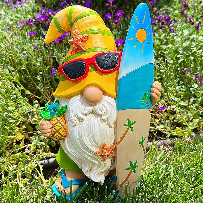 Mood Lab Garden Gnome - Surfer Gnome Figurine - 9.1 Inch Tall Funny Lawn Statue - for Outdoor & House Decor