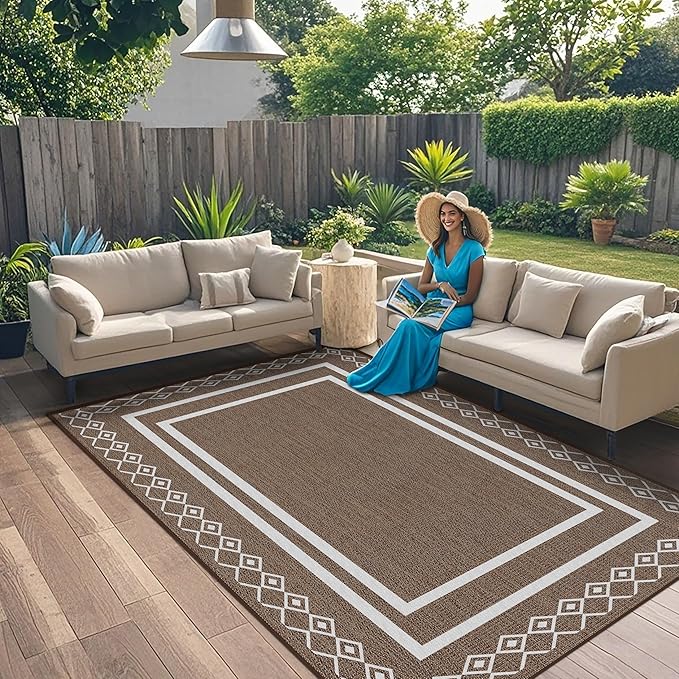 Outdoor Patio Rug, Outside Rectangular Carpet, Moroccan Geometric Rugs, Washable Large Indoor Outdoor Rug 8x10 Mats for RV, Picnic, Backyard, Deck, Balcony, Porch, Beach