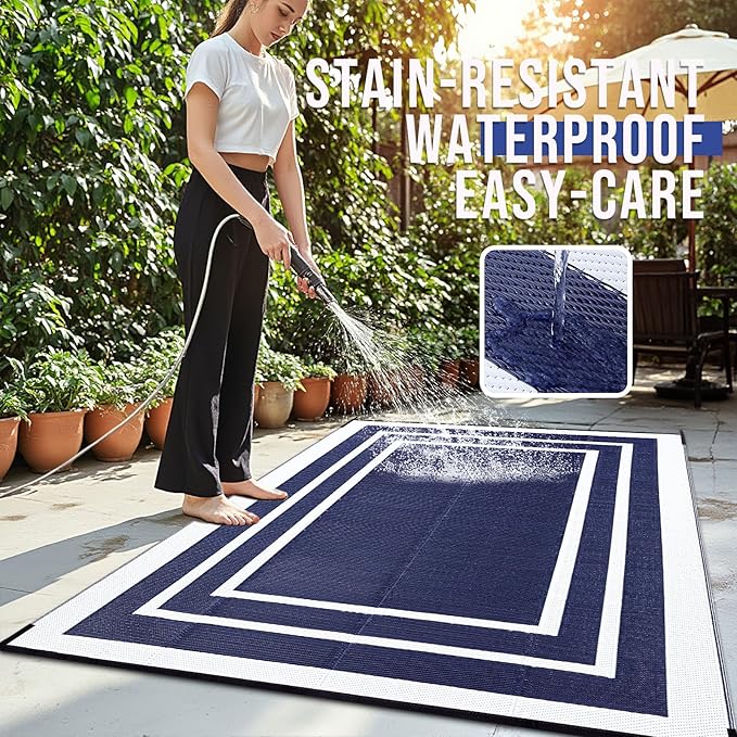 OLANLY Outdoor Rug 8x10 ft Waterproof, Reversible Outdoor Plastic Straw Rug, RV Mat, Indoor Outdoor Carpet Clearance for Patio, Camping, Balcony, Deck, Backyard, Navy & White