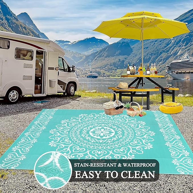 Pauwer Waterproof Outdoor Rug 8x10, Reversible Plastic Straw Patio Camping Rug, Indoor Outdoor RV Mat Carpet for Deck, Camper, Porch, Balcony, Backyard, Picnic, Floral Light Blue