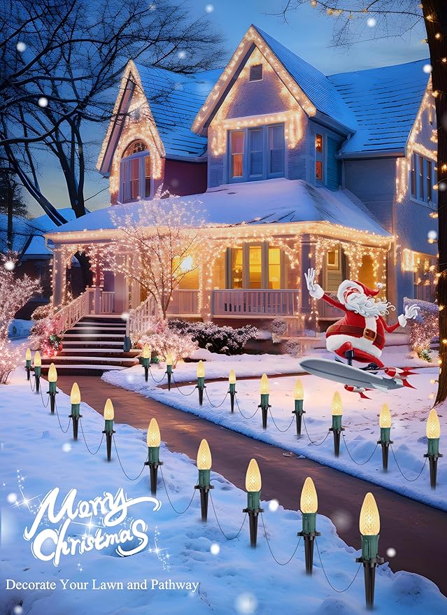 C9 Christmas Pathway Lights Outdoor, 25.7 Feet 20 LED C9 Strawberry Walkway Lights with Marker Stakes, Connectable Shatterproof C9 String Lights for Lane Outside Yard Decorations, Warm White, 2 Pack