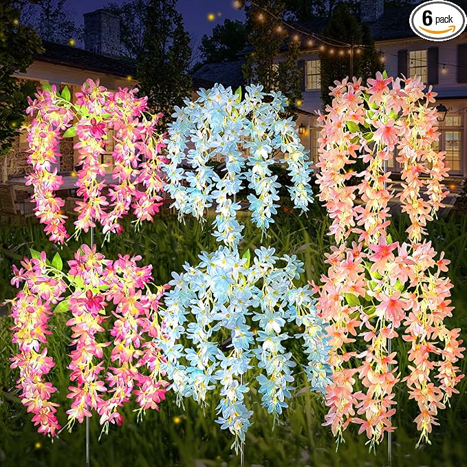 Neporal Solar Flowers Outdoor Waterproof IP65, 5 Lilac Flower Vines with 140+ Flowers, Warm Light & 2 Lightning Modes, 6PK Blue/Pink/Purple Solar Garden Lights Outdoor for Garden, Yard, Pathway Decor