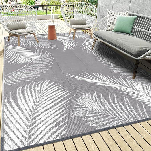 Pauwer Outdoor Rug, 6'x9', Leaf Grey, Reversible, Waterproof, Polypropylene, Lightweight, RV Mat, Patio Decor