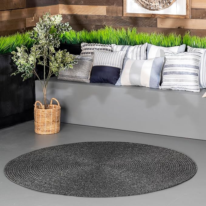 nuLOOM 8' Round Solid Hand Braided Indoor/Outdoor Area Rug, Pet-Friendly, High Traffic, Weather Resistant, for Patio, Balcony, Bedroom, Living, Dining Room, Wynn Charcoal