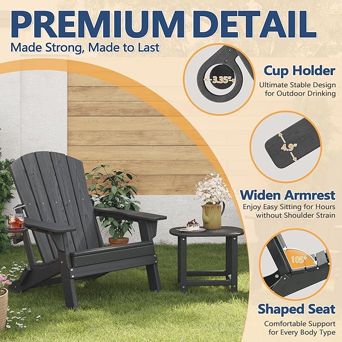 Folding Adirondack Chair Set of 4 with Cup Holder, HDPE All Weather Resistant Plastic Outdoor Patio Chairs, Heavy Duty Fire Pit Seating for Backyard Lawn Garden, Wooden Textured Design(Gray)