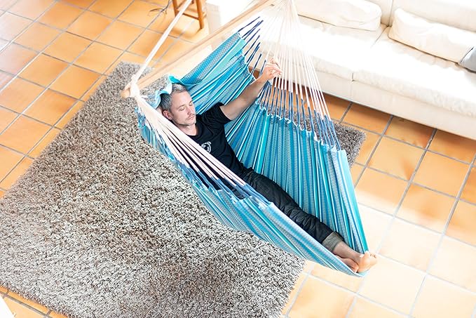 LA SIESTA Habana Hammock Chair, Indoor or Outdoor, Ideal for Sitting or Lying Down, Cotton Hammock, Patio, Swinging Chair, Boho, Max 355 Lbs, King, Azure