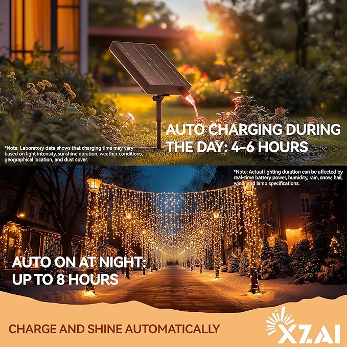XZAI Solar Icicle String Lights 800LED 50FT Warm White Remote Connectable 2400mAh USB Rechargeable 8 Modes Timer Dimmable IP65 Waterproof Twinkle for Outdoor Christmas & Wedding & Party Decors