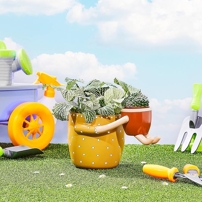 VIRTUNE Adorable Plant Pots. 5" Flower Pot & 2" Small Pot with Drainage. Gifts for Plant Lovers, Indoor Planters, Small Plant Pots, Cute Pots (Mustard)