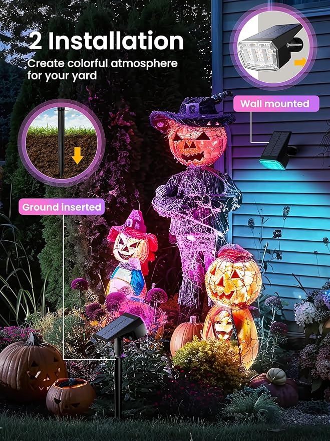 Solar Spot Lights Outdoor, 9 Lighting Modes RGB, Solar Lights Outdoor Waterproof IP65, 63 LED Landscape Spotlights for Halloween Christmas Decorations-1 Pack